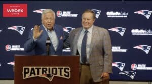 New England Patriots press conference with Bill Belichick and Robert Kraft, discussing Belichick's departure from the New England Patriots. (Photos courtesy of @Patriots X account)